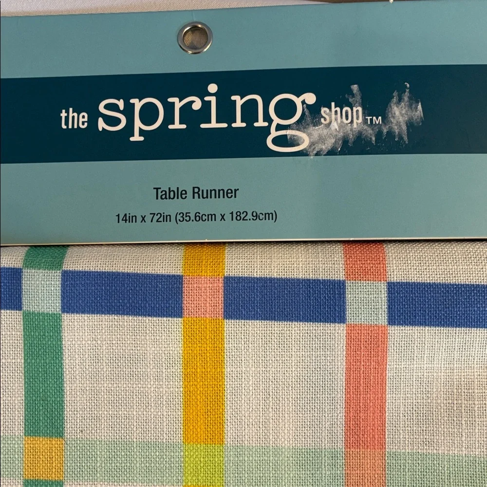 NEW The spring Shop Easter colorful white pastels plaid Table Runner 14” X 72”